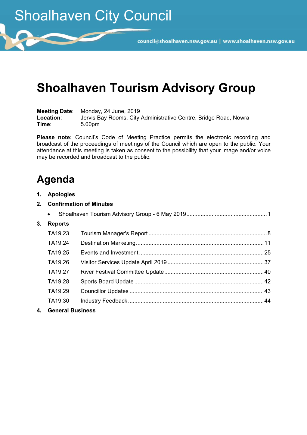 Agenda of Shoalhaven Tourism Advisory Group