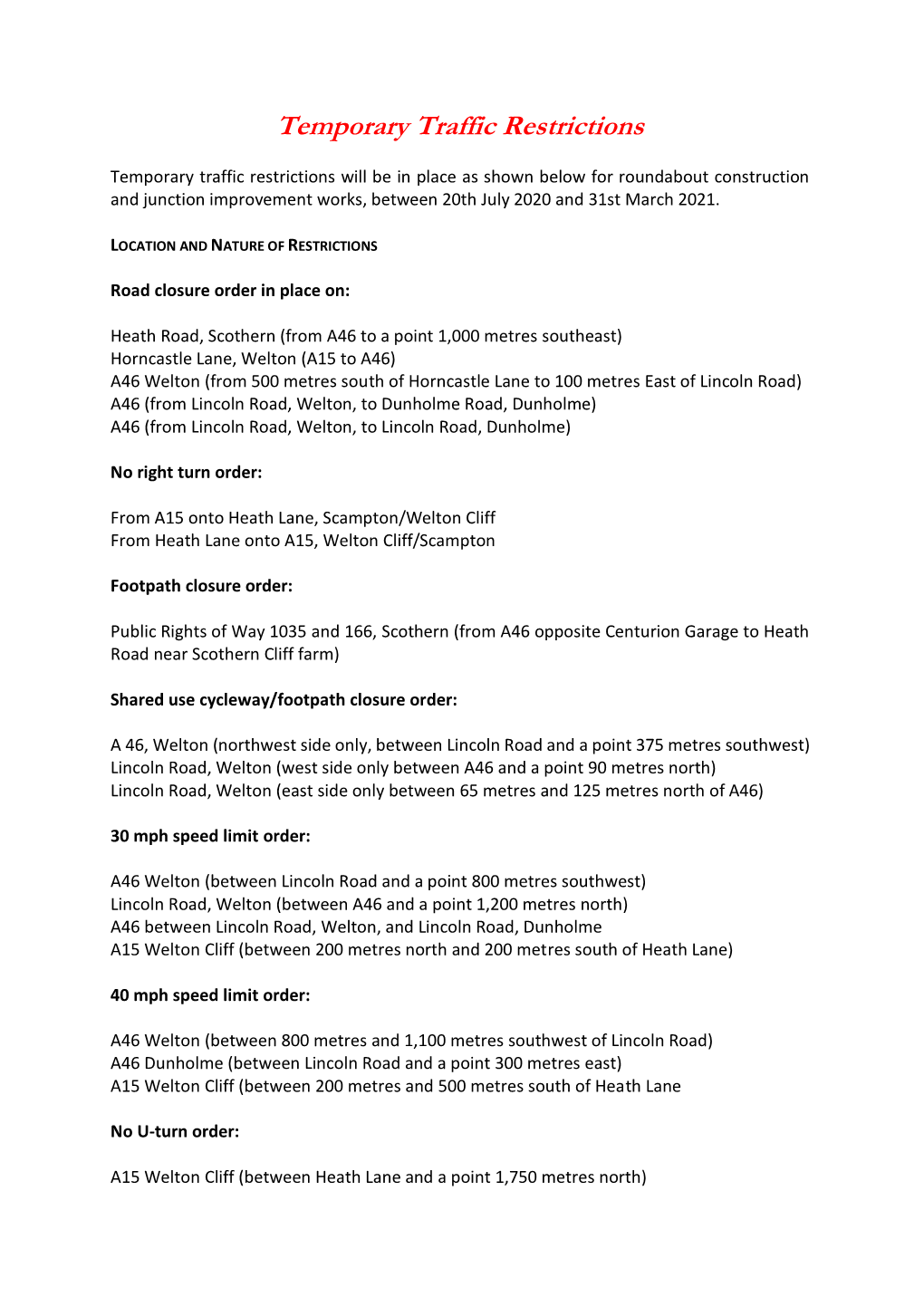 Temporary Traffic Restrictions