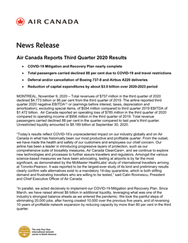 Air Canada Reports Third Quarter 2020 Results