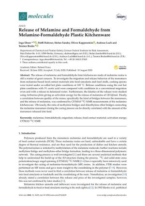Release of Melamine and Formaldehyde from Melamine-Formaldehyde Plastic Kitchenware