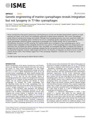 Genetic Engineering of Marine Cyanophages Reveals Integration but Not Lysogeny in T7-Like Cyanophages