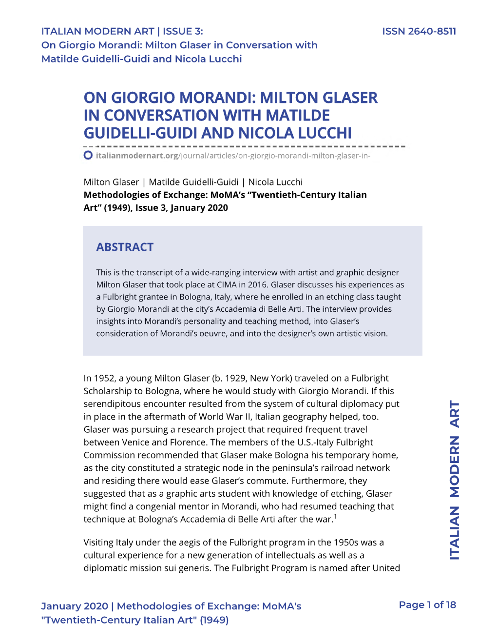 On Giorgio Morandi: Milton Glaser in Conversation with Matilde Guidelli-Guidi and Nicola Lucchi