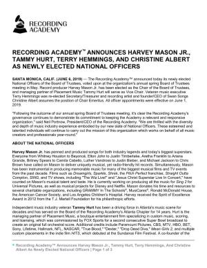 Recording Academy Announces Harvey Mason Jr., Tammy Hurt, Terry Hemmings, and Christine Albert As Newly Elected National Officer