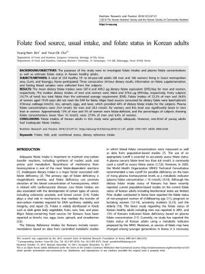Folate Food Source, Usual Intake, and Folate Status in Korean Adults