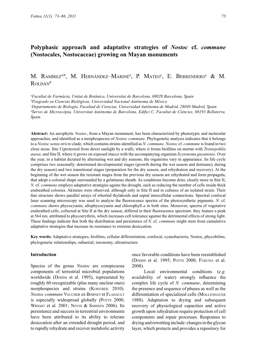 Polyphasic Approach and Adaptative Strategies of Nostoc Cf. Commune (Nostocales, Nostocaceae) Growing on Mayan Monuments