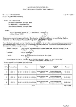 Subject:Administrative Approval for the Construction of Household Sewer Line at Budge Budge, Halisahar and Barrackpore Municipality,Project ID:- UM202128584S000