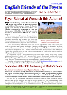Newsletter Foyer Retreat at Wonersh This Autumn! E Will Be Holding Another Foyer De Charité Wretreat This Autumn at Wonersh Seminary Near Guildford