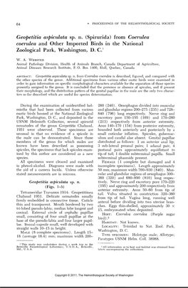 Geopetitia Aspiculata Sp. N. (Spirurida) from Coerulea Coerulea and Other Imported Birds in the National Zoological Park, Washington, D