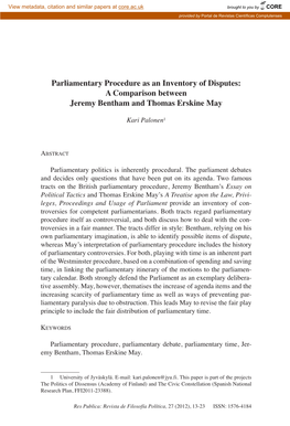 Parliamentary Procedure As an Inventory of Disputes: a Comparison Between Jeremy Bentham and Thomas Erskine May