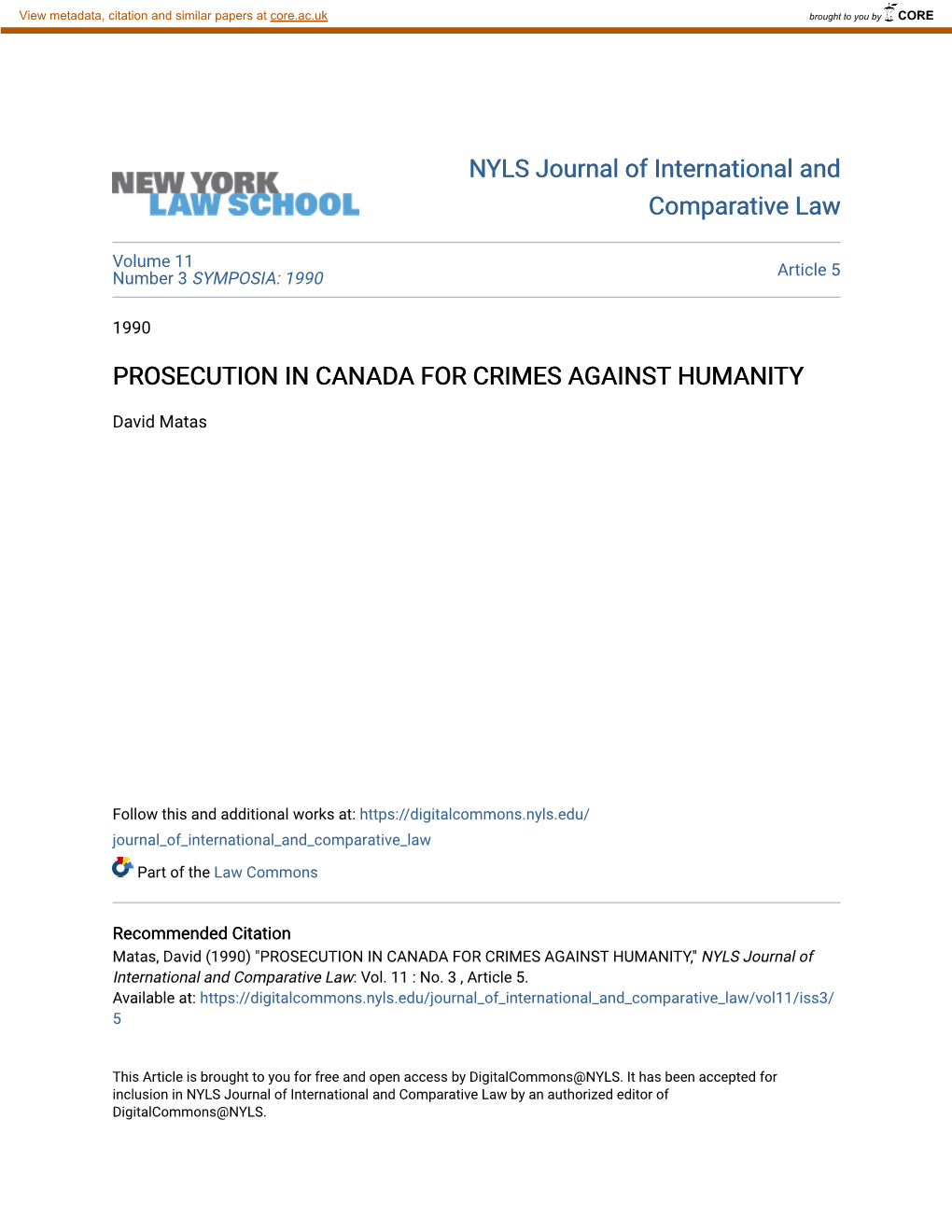Prosecution in Canada for Crimes Against Humanity