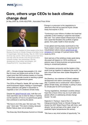 Gore, Others Urge Ceos to Back Climate Change Deal 24 May 2009, by JOHN HEILPRIN , Associated Press Writer