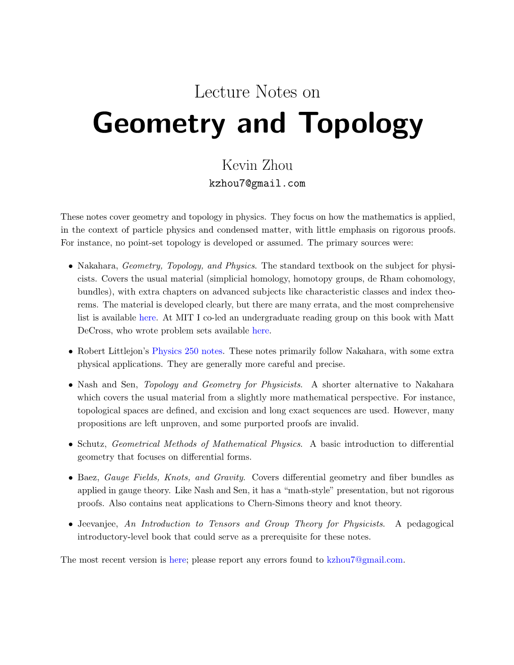 Notes on Geometry and Topology