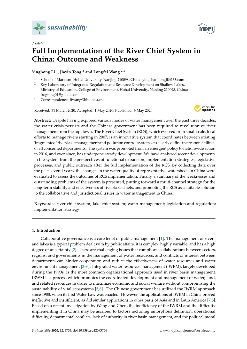 Full Implementation of the River Chief System in China: Outcome and Weakness