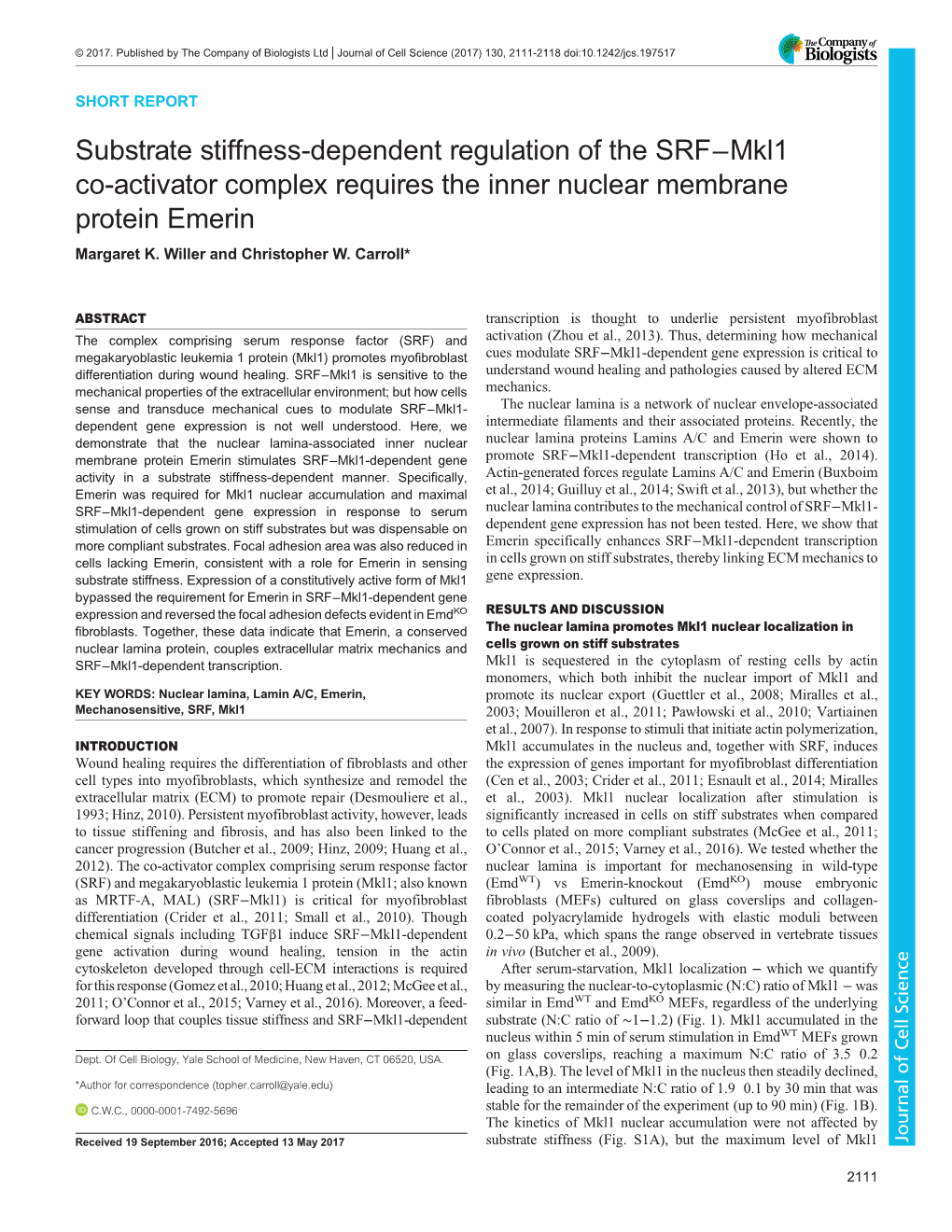 Substrate Stiffness-Dependent Regulation of the SRF−Mkl1 Co-Activator Complex Requires the Inner Nuclear Membrane Protein Emerin Margaret K