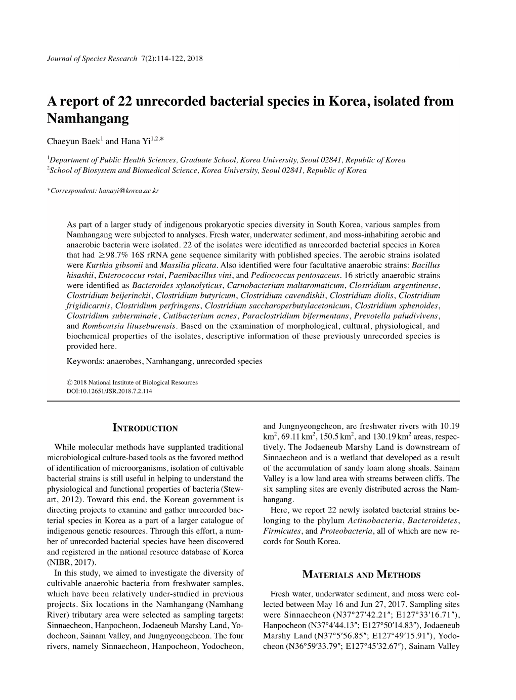 A Report of 22 Unrecorded Bacterial Species in Korea, Isolated from Namhangang
