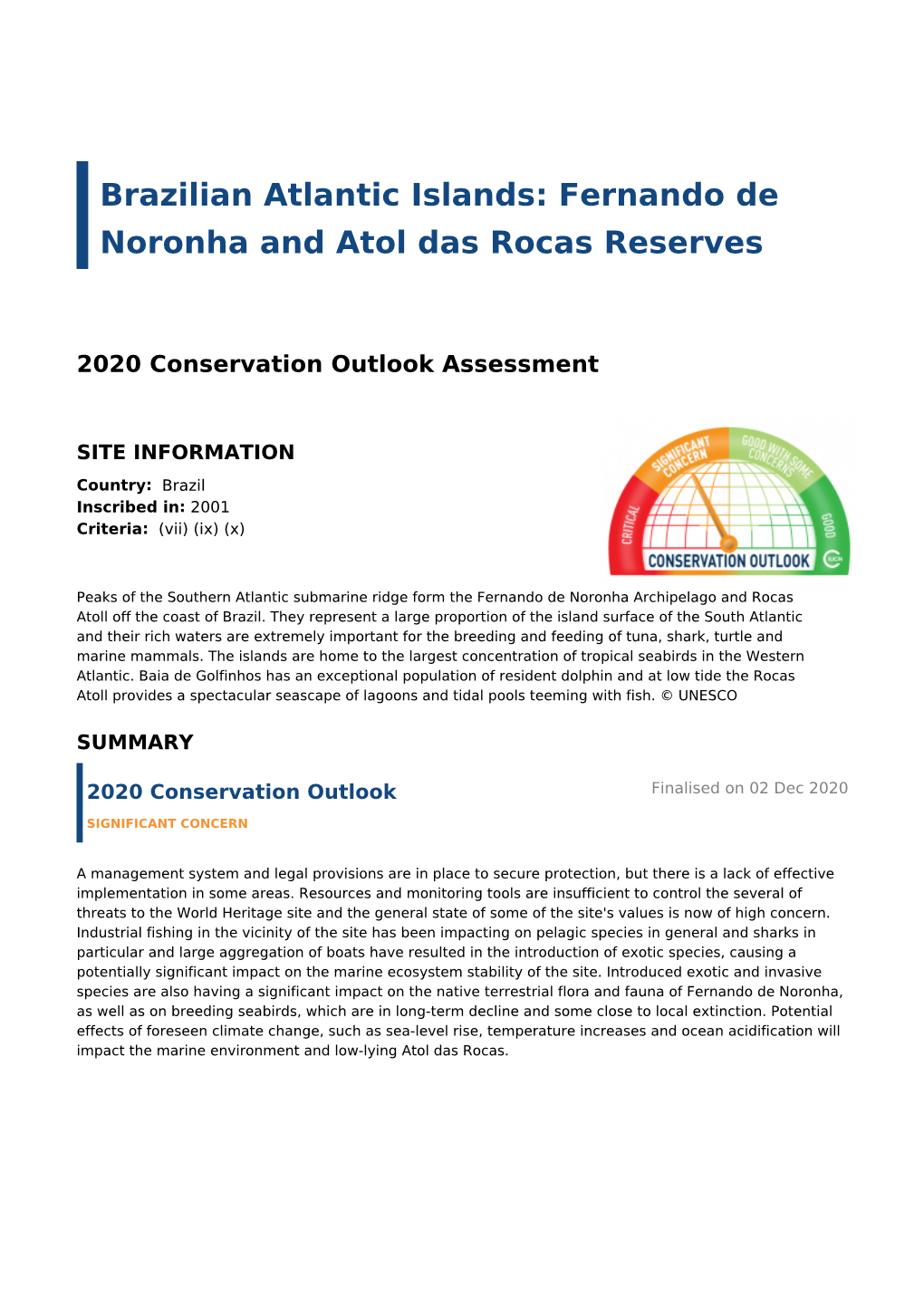 2020 Conservation Outlook Assessment