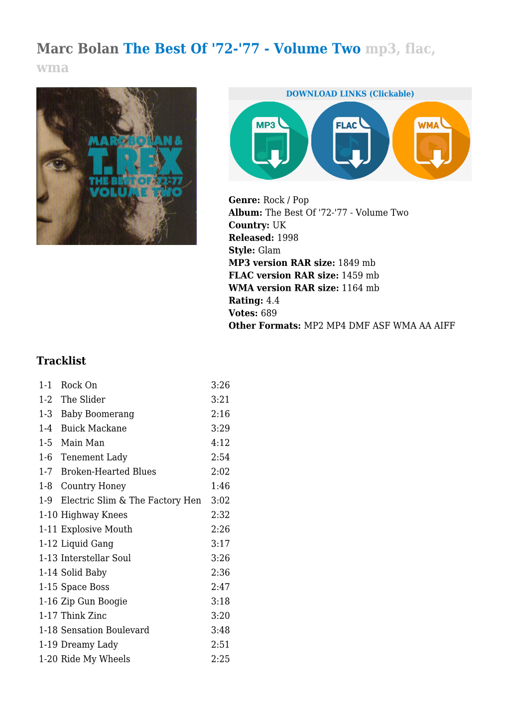 Marc Bolan the Best of '72-'77 - Volume Two Mp3, Flac, Wma