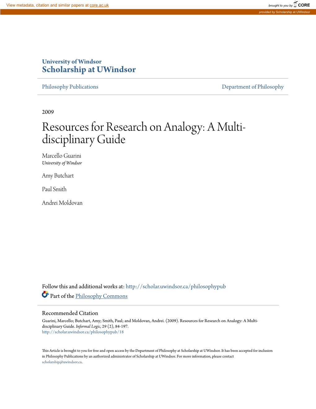 Resources for Research on Analogy: a Multi- Disciplinary Guide Marcello ...