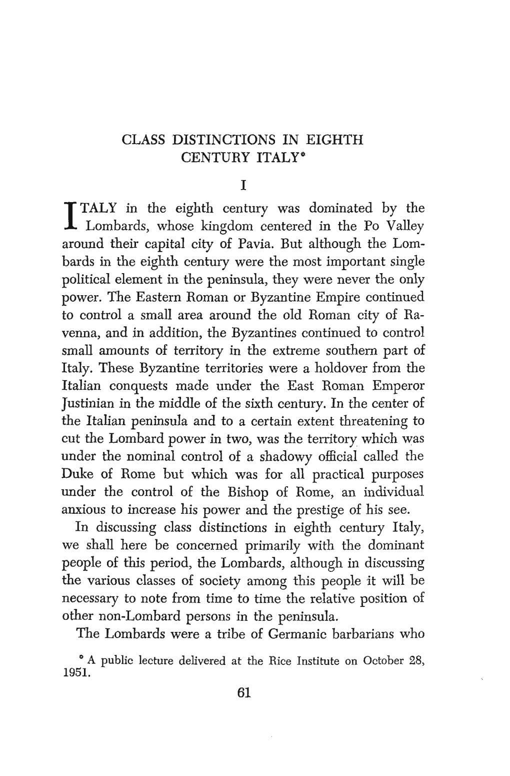 CLASS DISTINCTIONS in EIGHTH CENTURY ITALYQ TALY in The