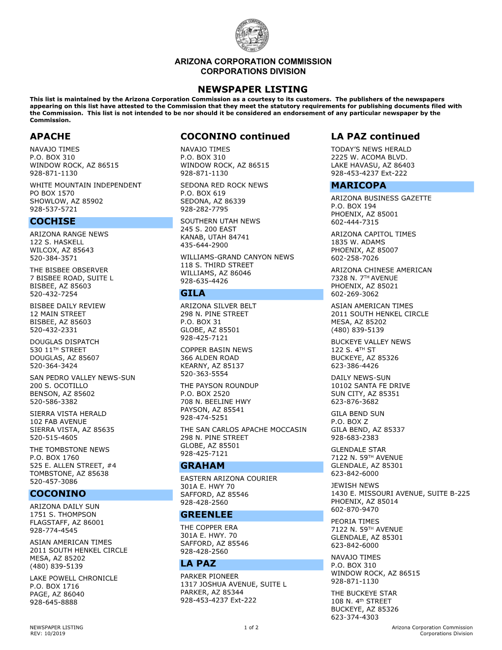 NEWSPAPER LISTING This List Is Maintained by the Arizona Corporation Commission As a Courtesy to Its Customers