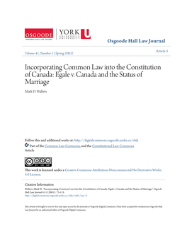 Incorporating Common Law Into the Constitution of Canada: Egale V