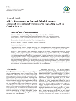Research Article Mir-31 Functions As an Oncomir Which Promotes Epithelial-Mesenchymal Transition Via Regulating BAP1 in Cervical Cancer
