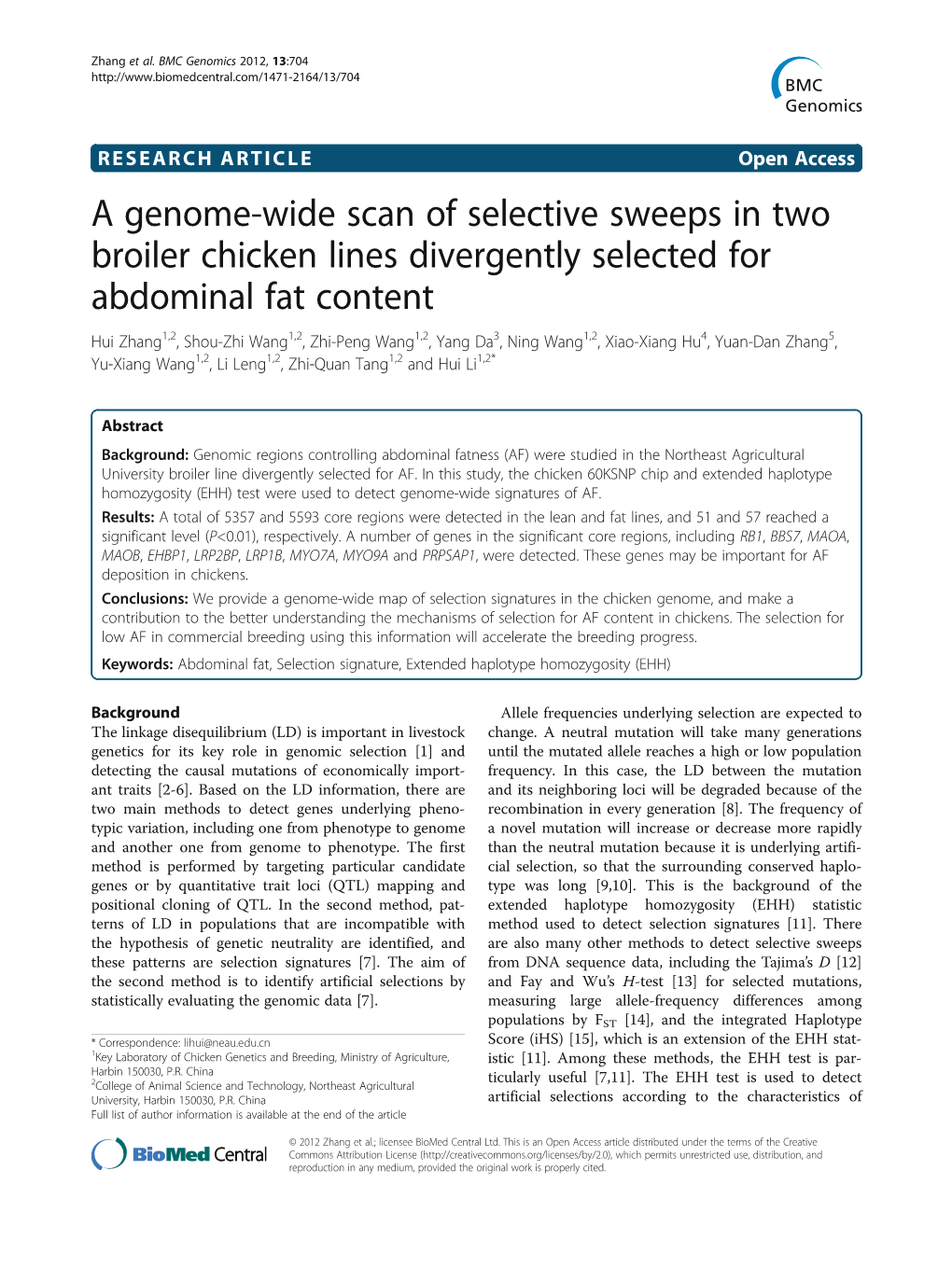 A Genome-Wide Scan of Selective Sweeps in Two Broiler Chicken Lines Divergently Selected for Abdominal Fat Content