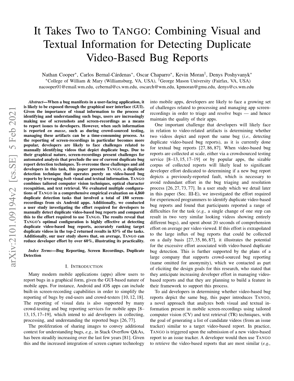 It Takes Two to TANGO: Combining Visual and Textual Information for Detecting Duplicate Video-Based Bug Reports