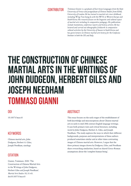 The Construction of Chinese Martial Arts in the Writings of John Dudgeon, Herbert Giles and Joseph Needham Tommaso Gianni DOI ABSTRACT