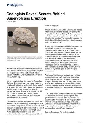 Geologists Reveal Secrets Behind Supervolcano Eruption 5 March 2007