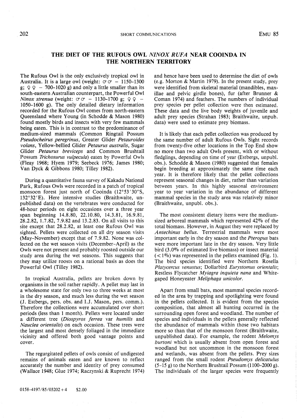 The Diet of the Rufous Owl Ninox Rufa Near Cooinda in the Northern Territory