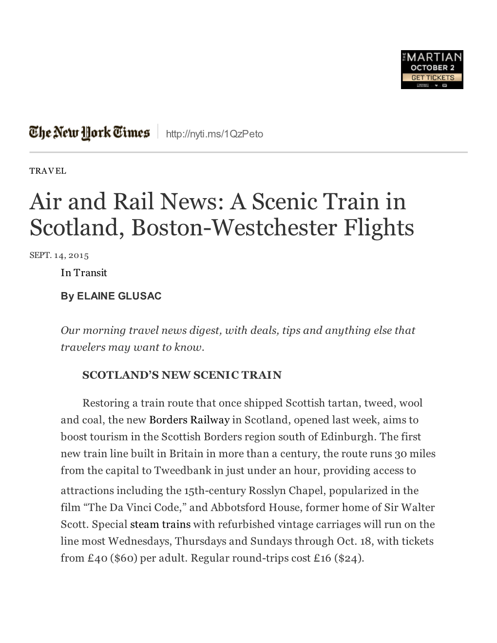 Air and Rail News: a Scenic Train in Scotland, Bostonwestchester Flights
