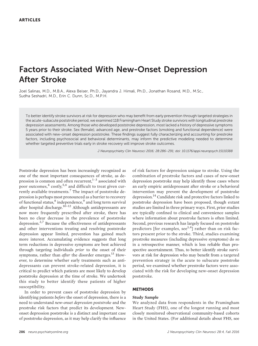 Factors Associated with New-Onset Depression After Stroke