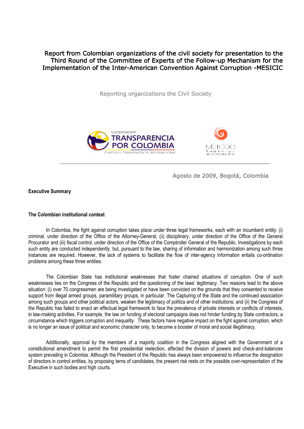 Report from Report from Colombian Organizations of the Civil Society