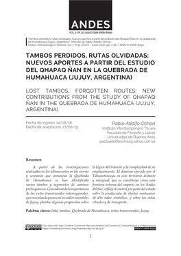 Tambos Perdidos, Rutas Olvidadas: Nuevos Aportes a Partir Del Estudio Del Qhapaq Ñan En La Quebrada De Humahuaca (Jujuy, Argentina)”