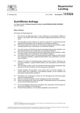 Schriftliche Anfrage Drucksache 18/5324 Vom