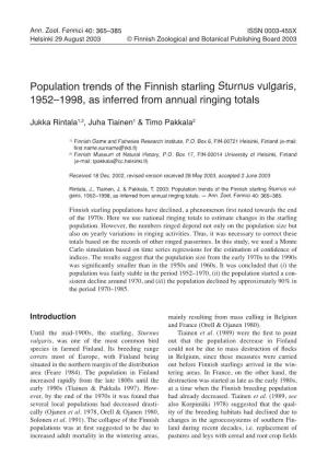 Population Trends of the Finnish Starling Sturnus Vulgaris, 1952–1998, As Inferred from Annual Ringing Totals