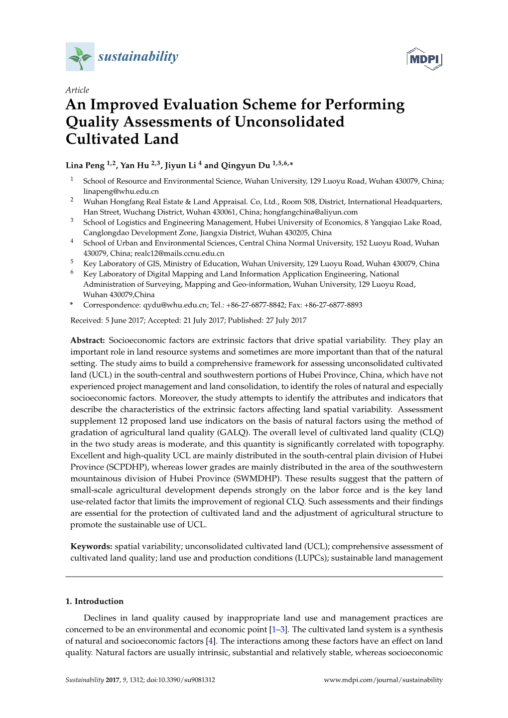 An Improved Evaluation Scheme for Performing Quality Assessments of Unconsolidated Cultivated Land