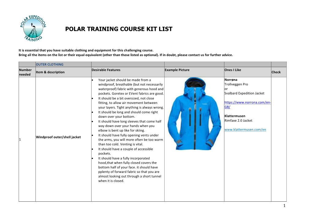 Polar Training Course Kit List