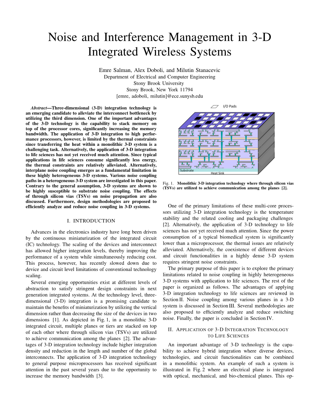 Noise and Interference Management in 3-D Integrated Wireless Systems