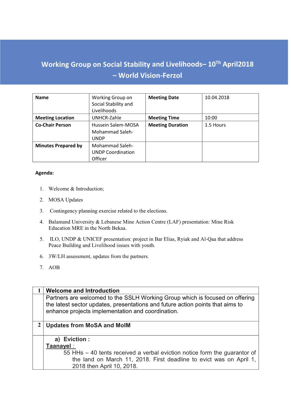 Working Group on Social Stability and Livelihoods– 10Th April2018 – World Vision-Ferzol