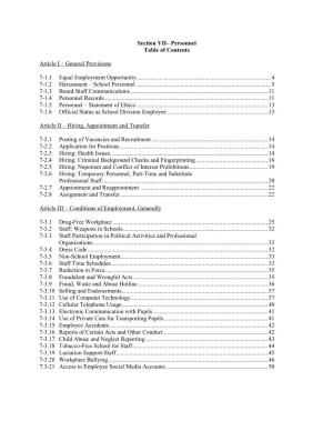 Section VII– Personnel Table of Contents