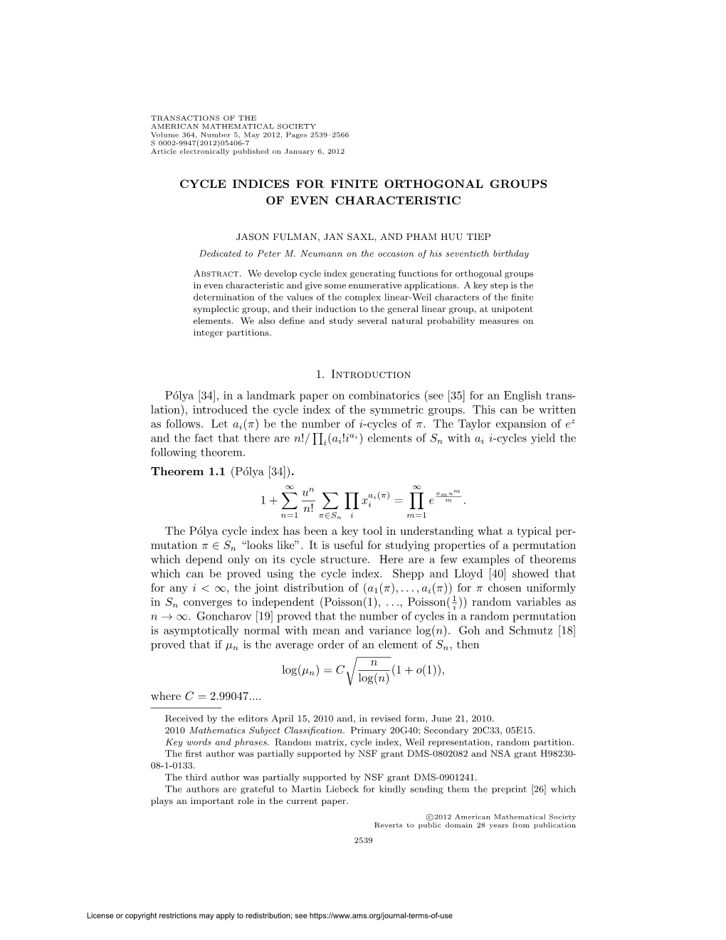 Cycle Indices for Finite Orthogonal Groups of Even Characteristic