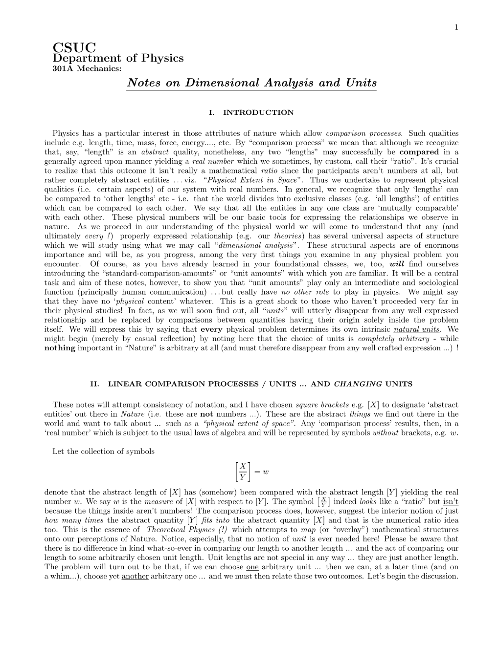 Department of Physics Notes on Dimensional Analysis and Units