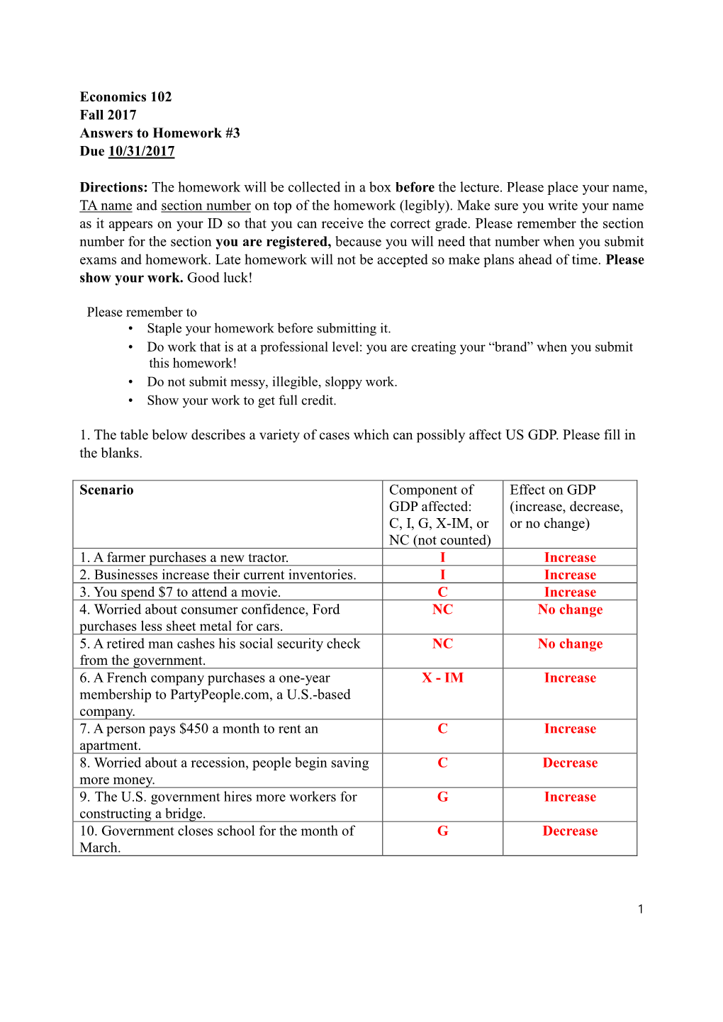 Economics 102 Fall 2017 Answers to Homework #3 Due 10/31/2017