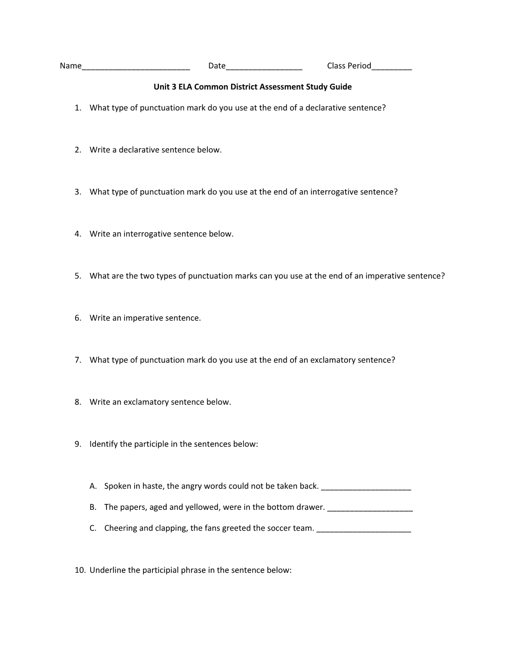 Unit 3 ELA Common District Assessment Study Guide