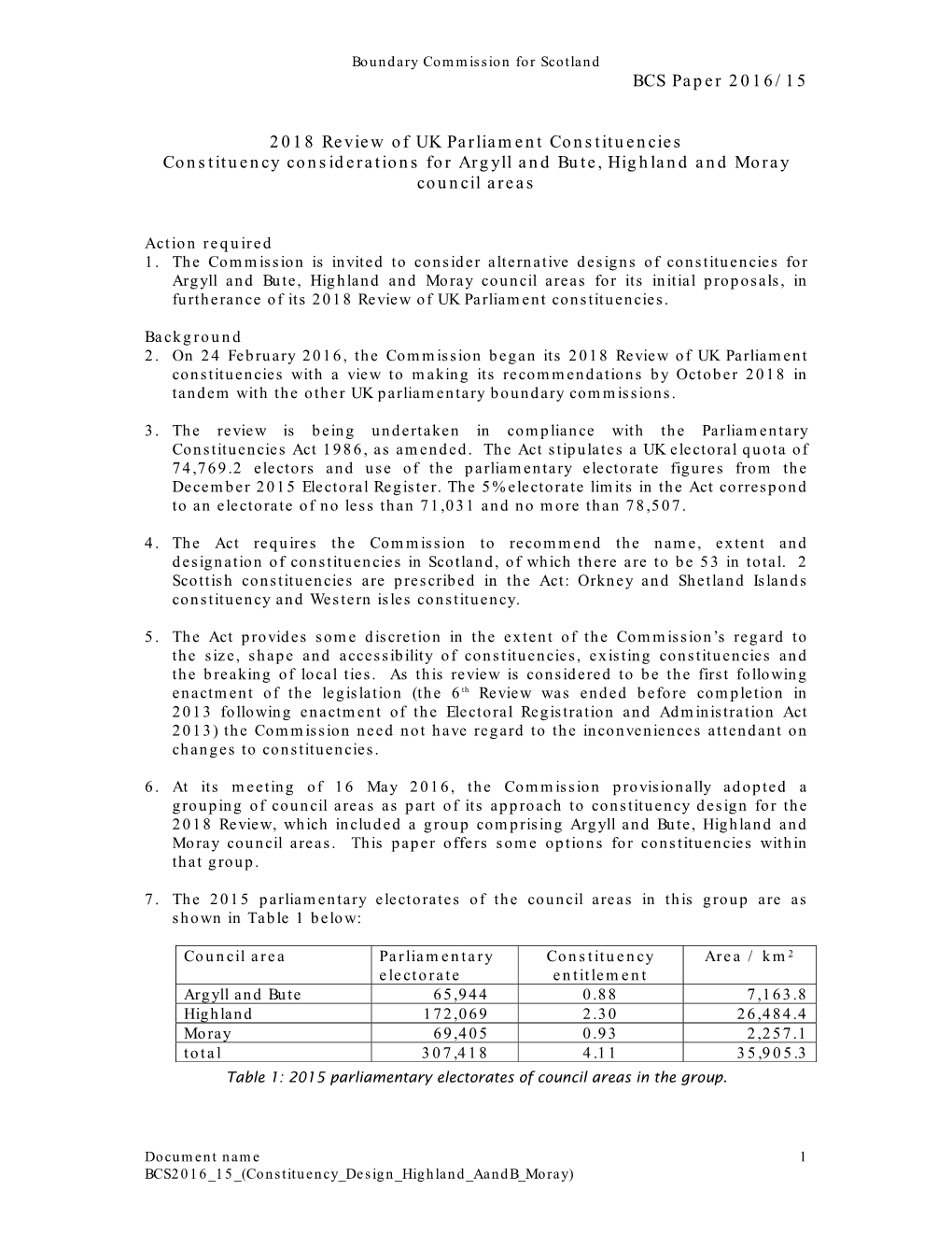 BCS Paper 2016/15 2018 Review of UK Parliament Constituencies Constituency Considerations for Argyll and Bute, Highland and Mora