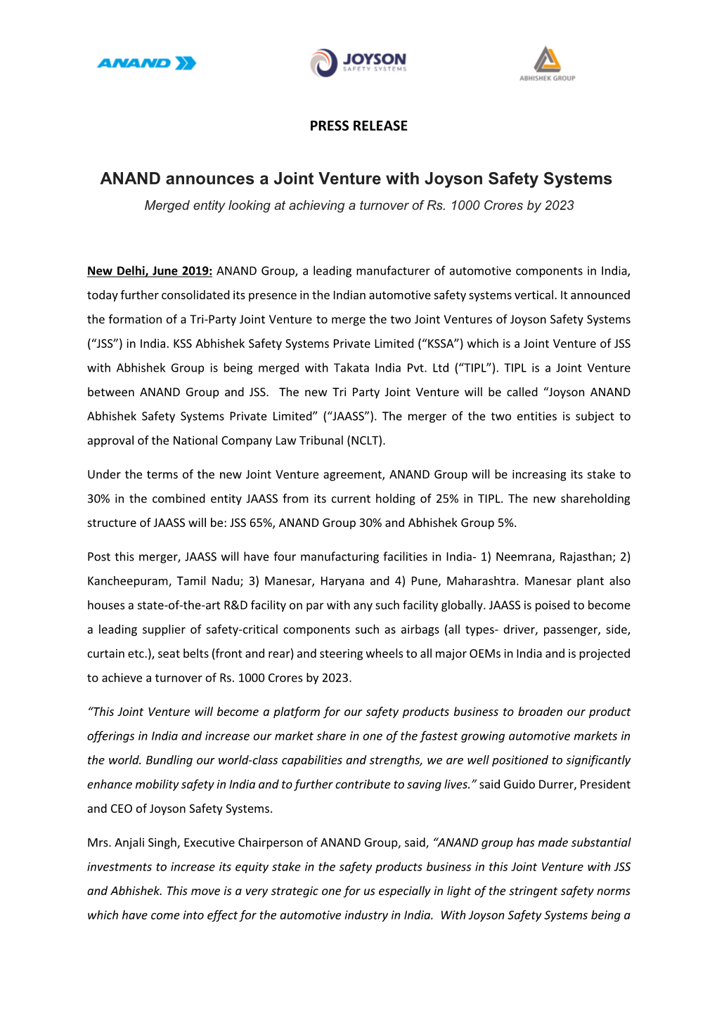 ANAND Announces a Joint Venture with Joyson Safety Systems Merged Entity Looking at Achieving a Turnover of Rs
