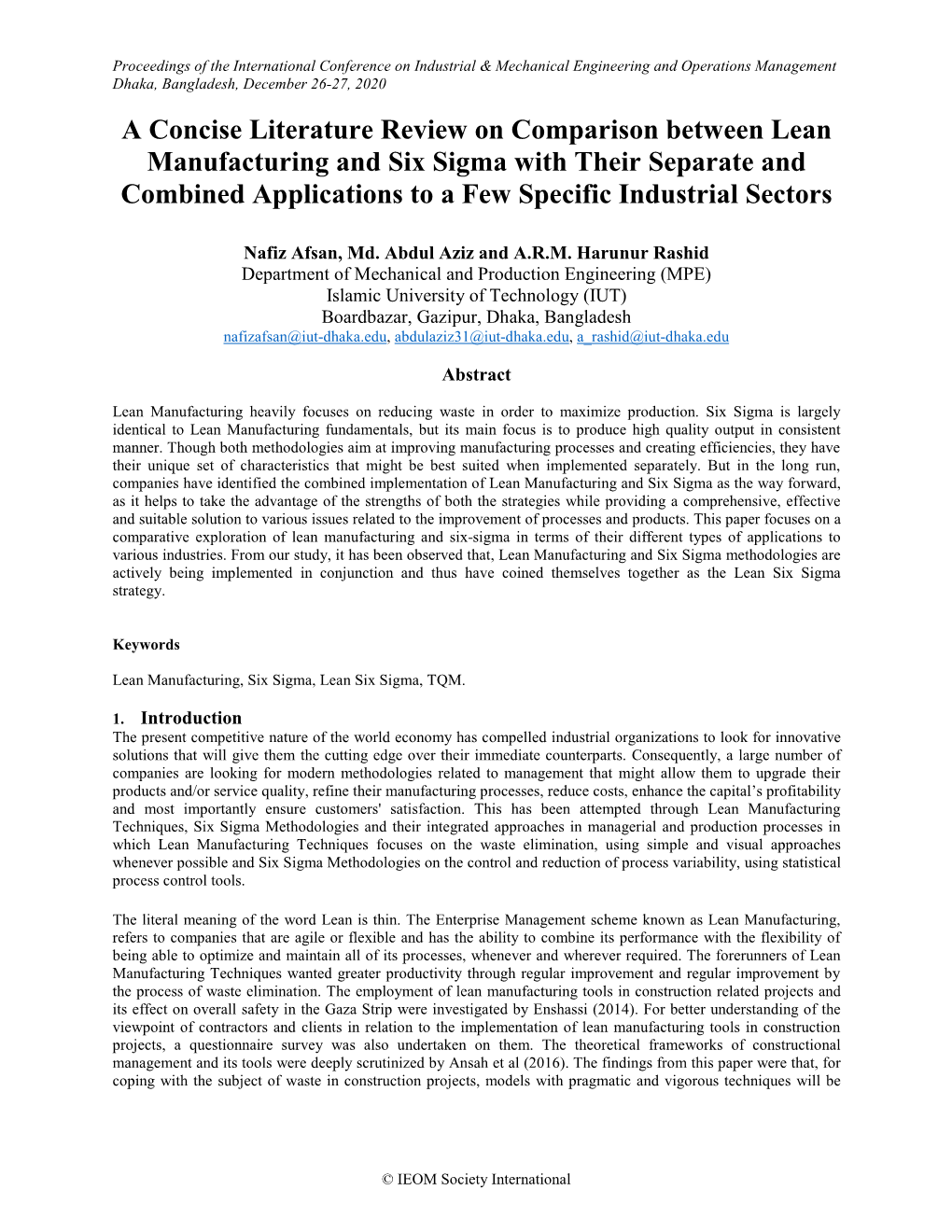 A Concise Literature Review on Comparison Between Lean Manufacturing and Six Sigma with Their Separate and Combined Applications to a Few Specific Industrial Sectors