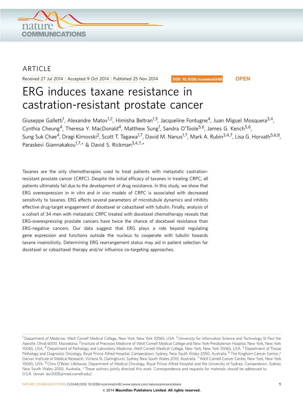 ERG Induces Taxane Resistance in Castration-Resistant Prostate Cancer